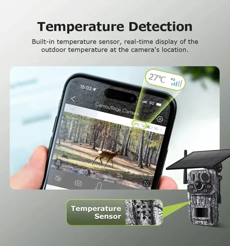 INQMEGA4G 2K 5MP PIR trail camera with solar panel, camouflage finish, IP66 and temperature sensor display