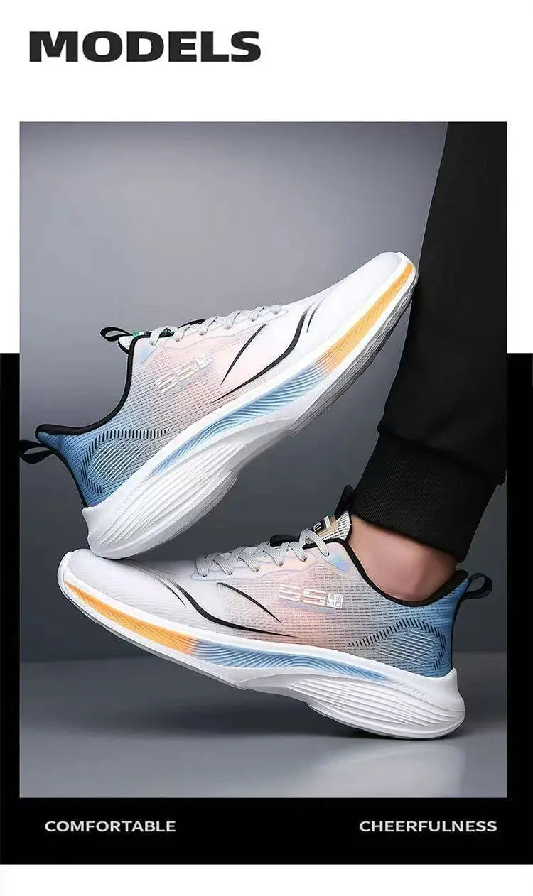 Pair of men's running shoes in white with pastel blue gradient and orange accents, chunky cushioned sole