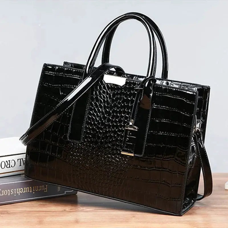 Black crocodile-pattern PU leather handbag with top handles and detachable shoulder strap, large capacity