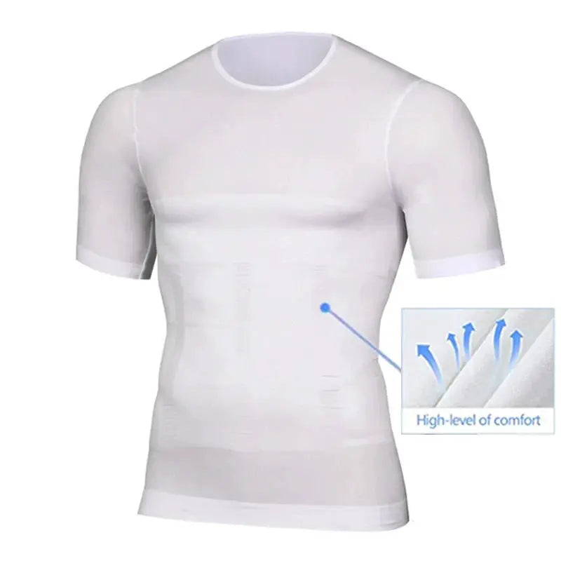 Tummy Control Girdle Men’s Compression Shirt by Simples Market, white with abdominal binder and breathable panels.