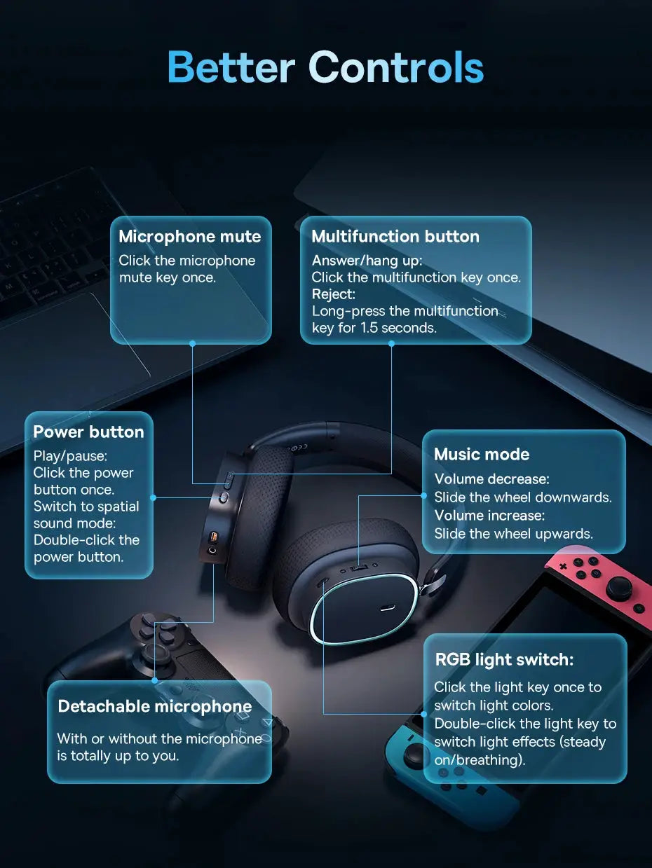 Baseus GH02 gaming wireless over-ear headphones with detachable mic, RGB lighting, black with blue accents