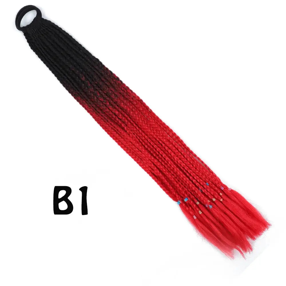 Synthetic gradient braided ponytail extension by Simples Market, 24in black to red ombre with elastic band