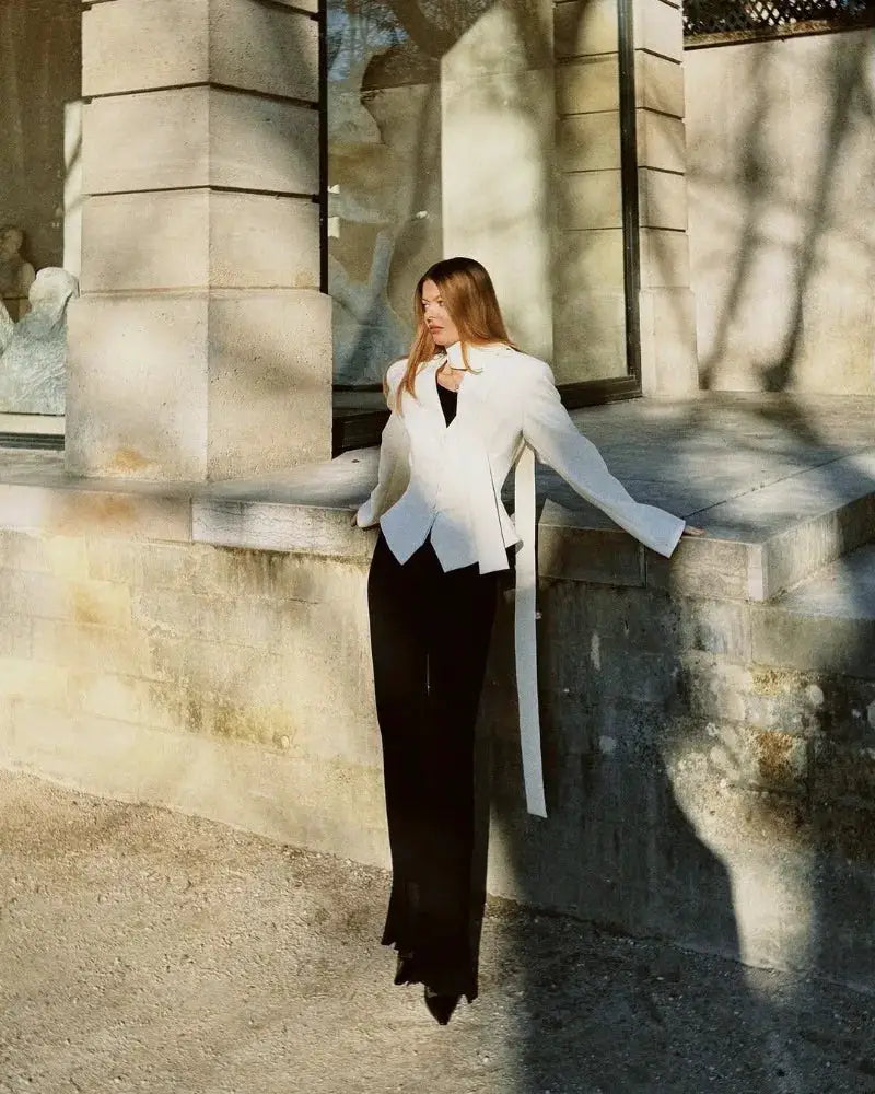 Trendix Elegant Blazer 2-Piece Set for Women, white blazer with belt and black pants