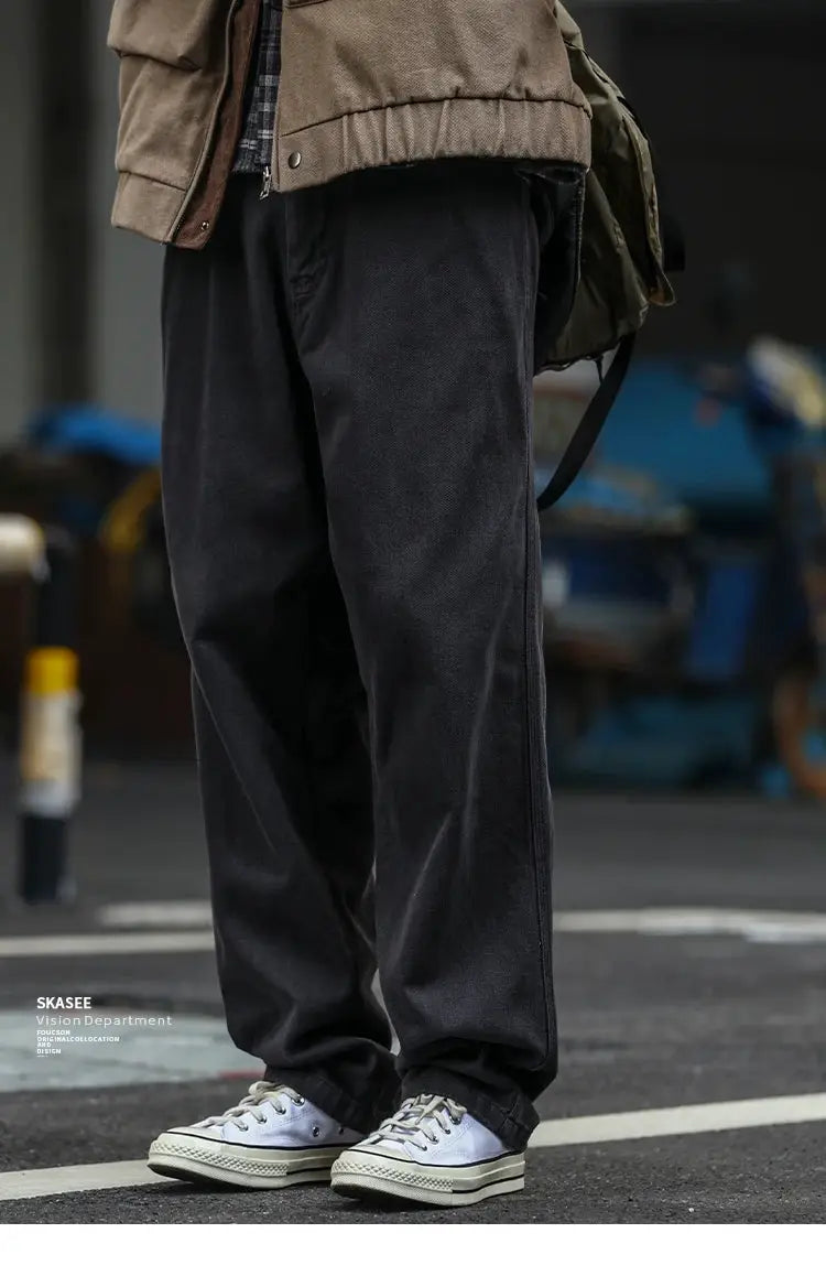 Simples Market cargo pants for men, black baggy straight-leg Japanese streetwear