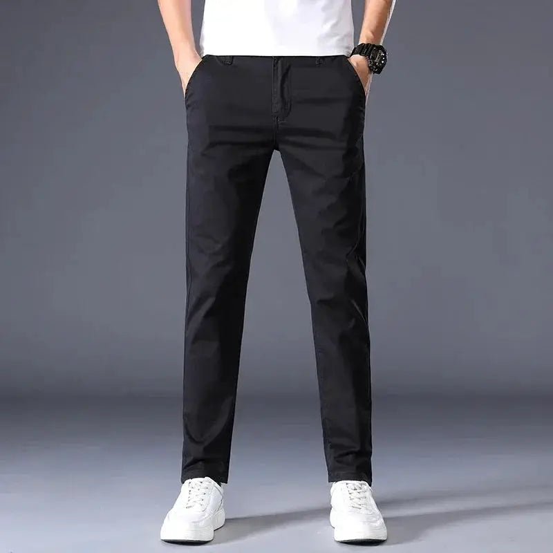 Men's cotton casual pants, black with elastic waist, straight slim fit long trousers