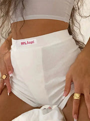 White high-waist ribbed biker shorts for women with 99% Angel label.