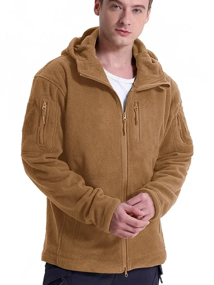 Men's brown tactical fleece jacket with hood, full-zip and multiple pockets