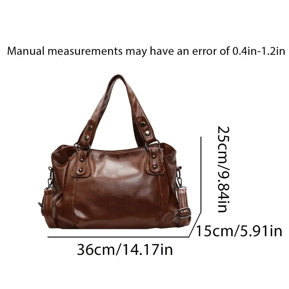 Roomy brown PU leather shoulder bag with top handles and detachable crossbody strap