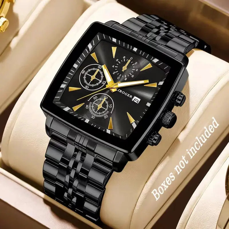 Luxury square-dial men's quartz wristwatch by Simples Market, black stainless steel band with calendar