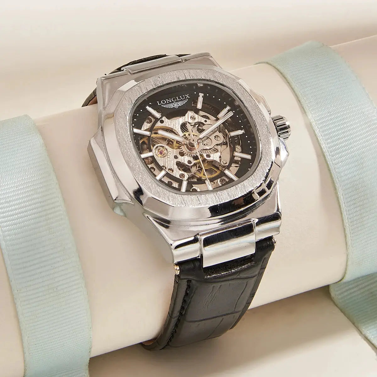 LONGLUX Automatic Mechanical Skeleton Dial Watch For Men Waterproof Outdoor Leather Strap Timepiece