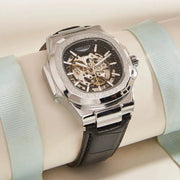 LONGLUX Automatic Mechanical Skeleton Dial Watch For Men Waterproof Outdoor Leather Strap Timepiece