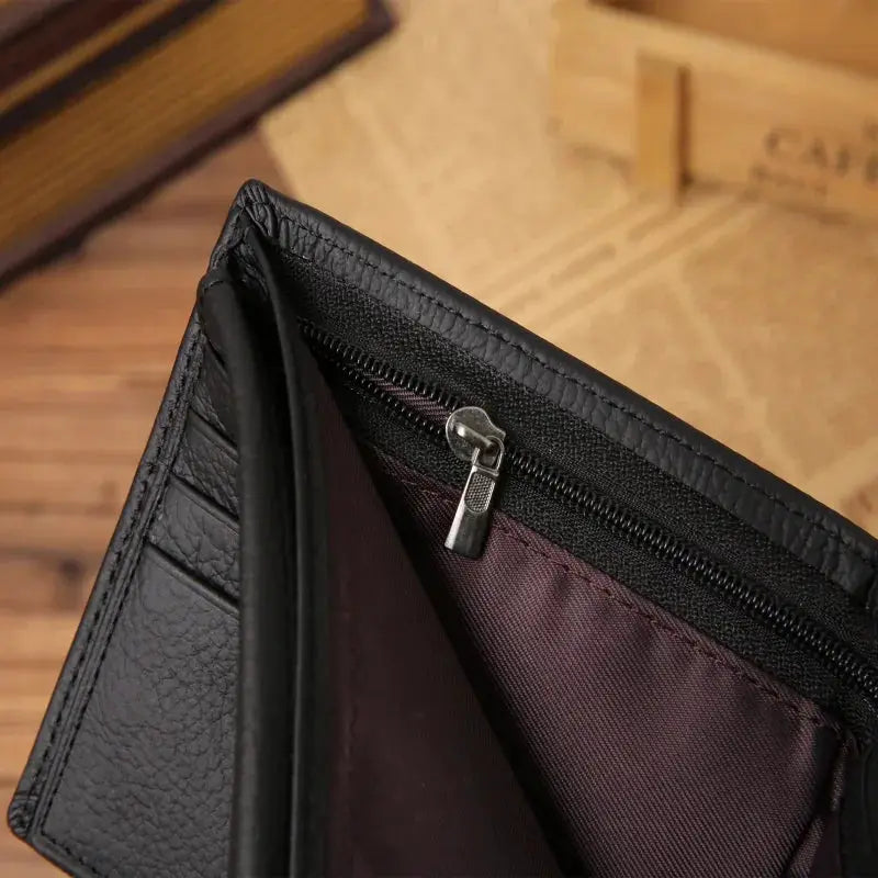 Men's genuine black leather wallet with zip pocket and burgundy lining