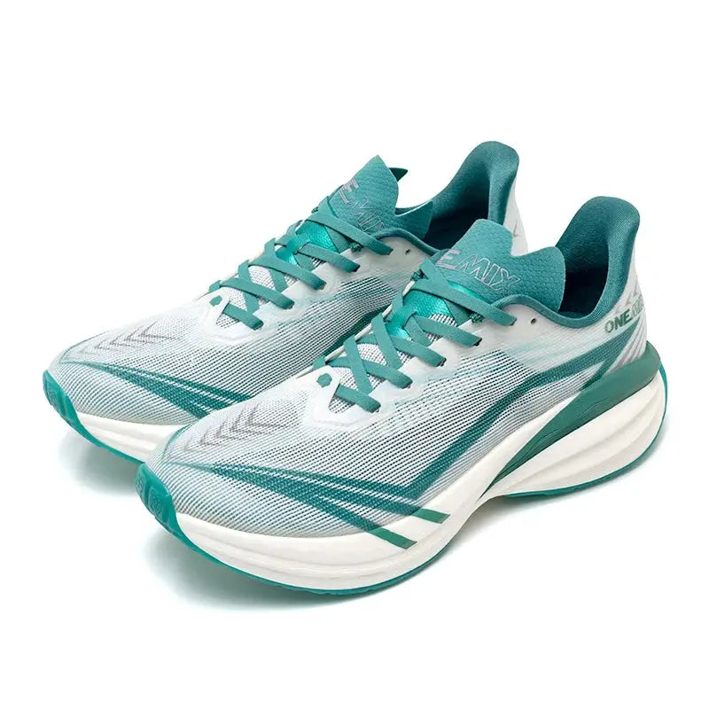 ONEMIX men's running shoes with teal mesh upper, white midsole, air-cushion sole; pair.