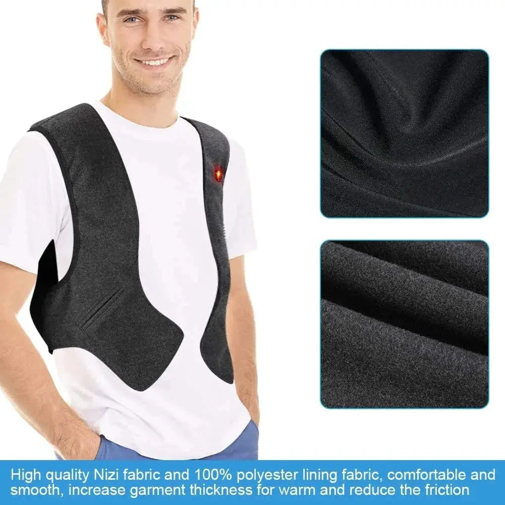 Men's black heated vest with padded quilting, USB heating and fabric texture closeups