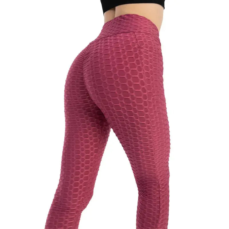 Women bubble-textured high-waisted pocket leggings, pink, stretchy gym pants by Simples Market
