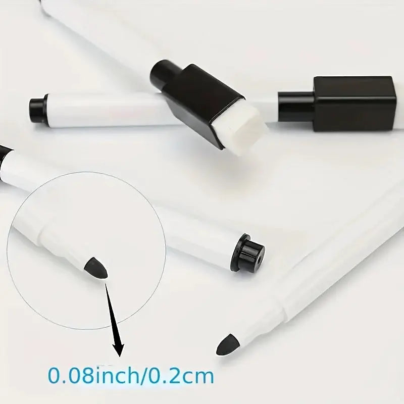 10pcs erasable whiteboard markers with built-in eraser, white bodies, black tips, medium point for office and school