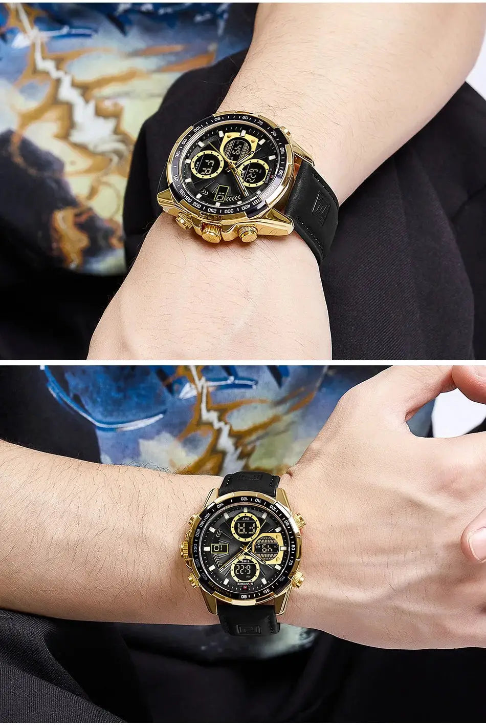 NAVIFORCE men's gold-tone chronograph watch with black dial and black leather strap