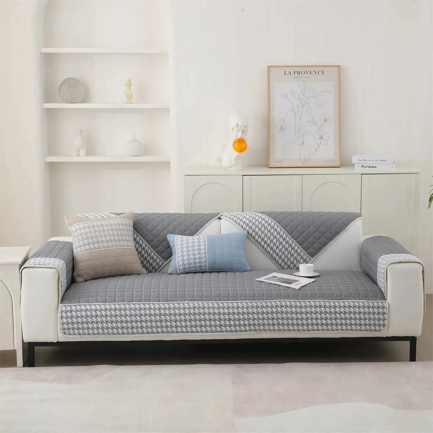 Sofa slipcover by Simples Market in grey houndstooth quilted pattern with anti-slip backing