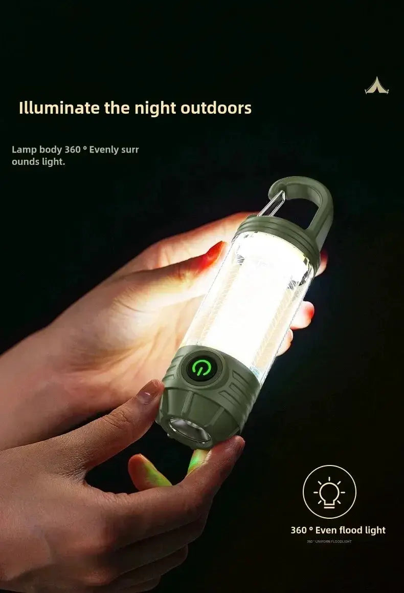 Simples Market multi-function outdoor LED camping lantern flashlight, rechargeable and waterproof in olive green.