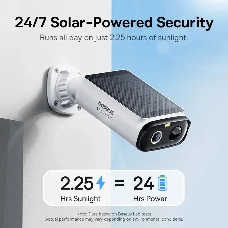 Baseus S1 Lite solar wireless outdoor security camera in white with solar panel, wall-mounted.
