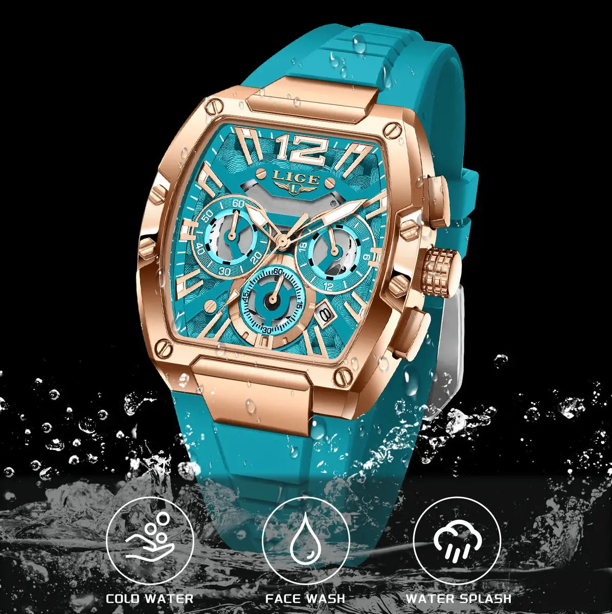 LIGE original-brand mens watch with teal silicone strap and rose-gold case, chronograph dial.