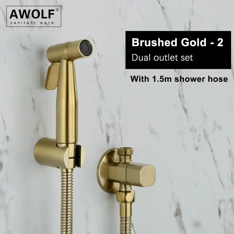 Handheld bidet sprayer set in brushed gold stainless steel with dual outlets and 1.5m hose AWOLF