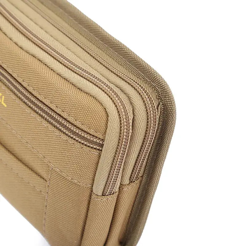 Men's tan nylon tactical waist pack with Molle system and multiple zip compartments