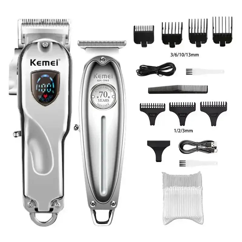 Kemei KM-TX1 hair clipper kit with metal body, USB charger, brush, multiple guards, in gold and silver