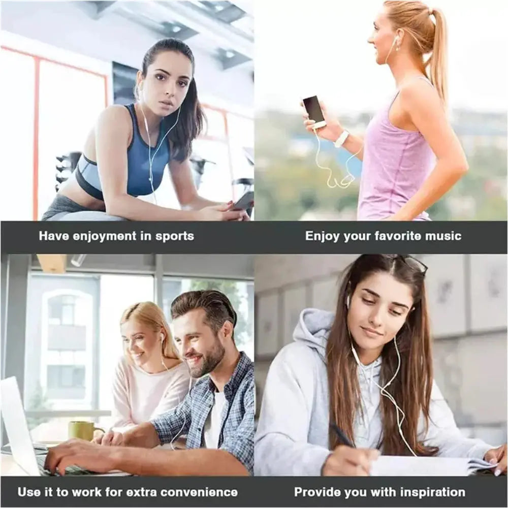 Simples Market 3.5mm wired headphones, universal stereo, white cord, shown in sports, music, and study scenes.