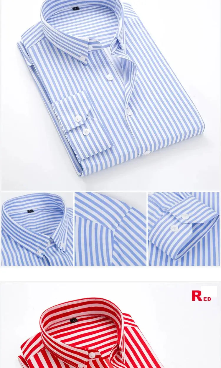 Simples Market M-5XL striped dress shirts, blue/white and red variants, long sleeves, slim fit (2 shirts shown)