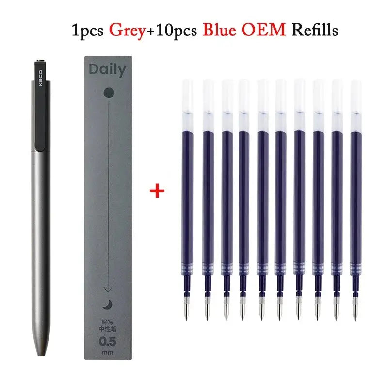 KACO gel pen with black metal body and clip; 0.5mm, includes 1 grey refill box and 10 blue OEM refills