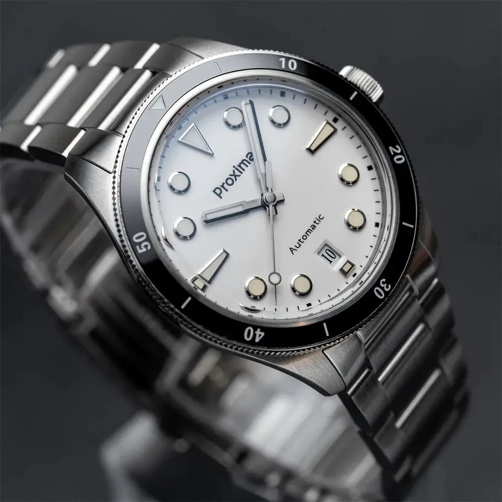 Proxima PX1697 men's watch with white enamel dial, stainless steel bracelet, luminous markers, and black bezel