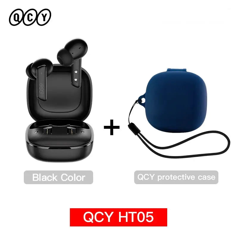 QCY HT05 wireless earbuds with black charging case and blue protective case, 2 items