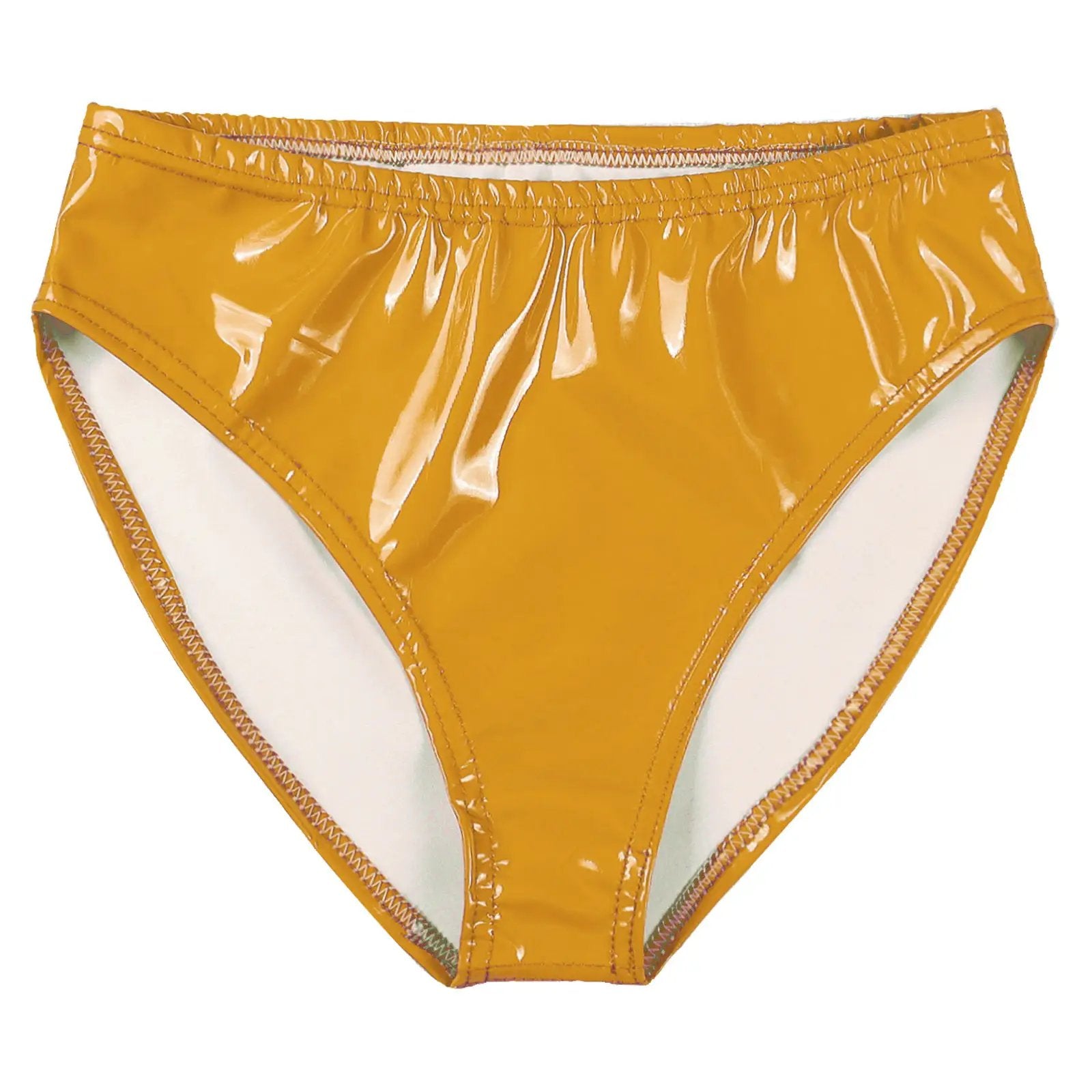 Womens wet-look gold patent leather briefs, low-rise bikini underwear