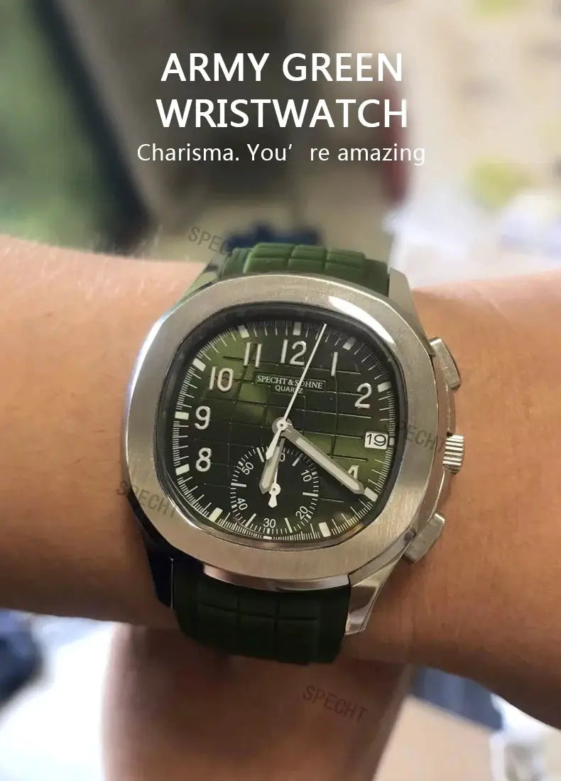 Specht & Söhne green-dial men's quartz watch with stainless steel case and green rubber strap