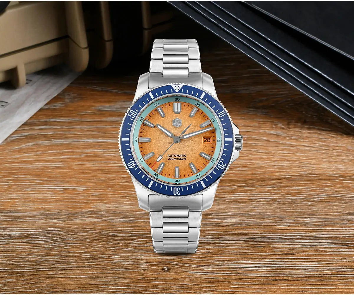 San Martin 40mm dive watch, orange dial with blue bezel, stainless steel bracelet, automatic, 200m water resistant