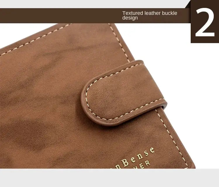 Simples Market men's PU leather wallet with textured buckle design, brown card holder