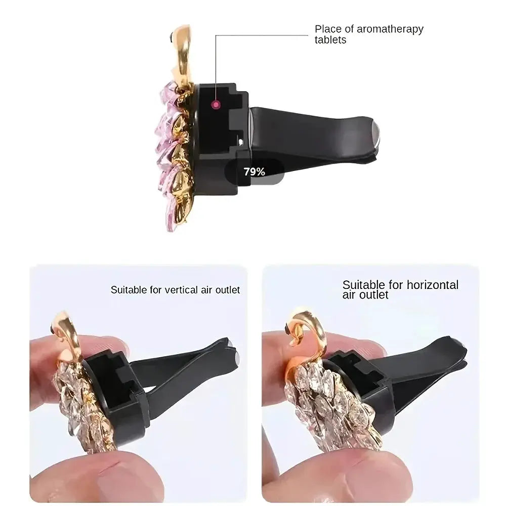 2pcs car perfume clip with pink crystal flower pendant on black air vent clip