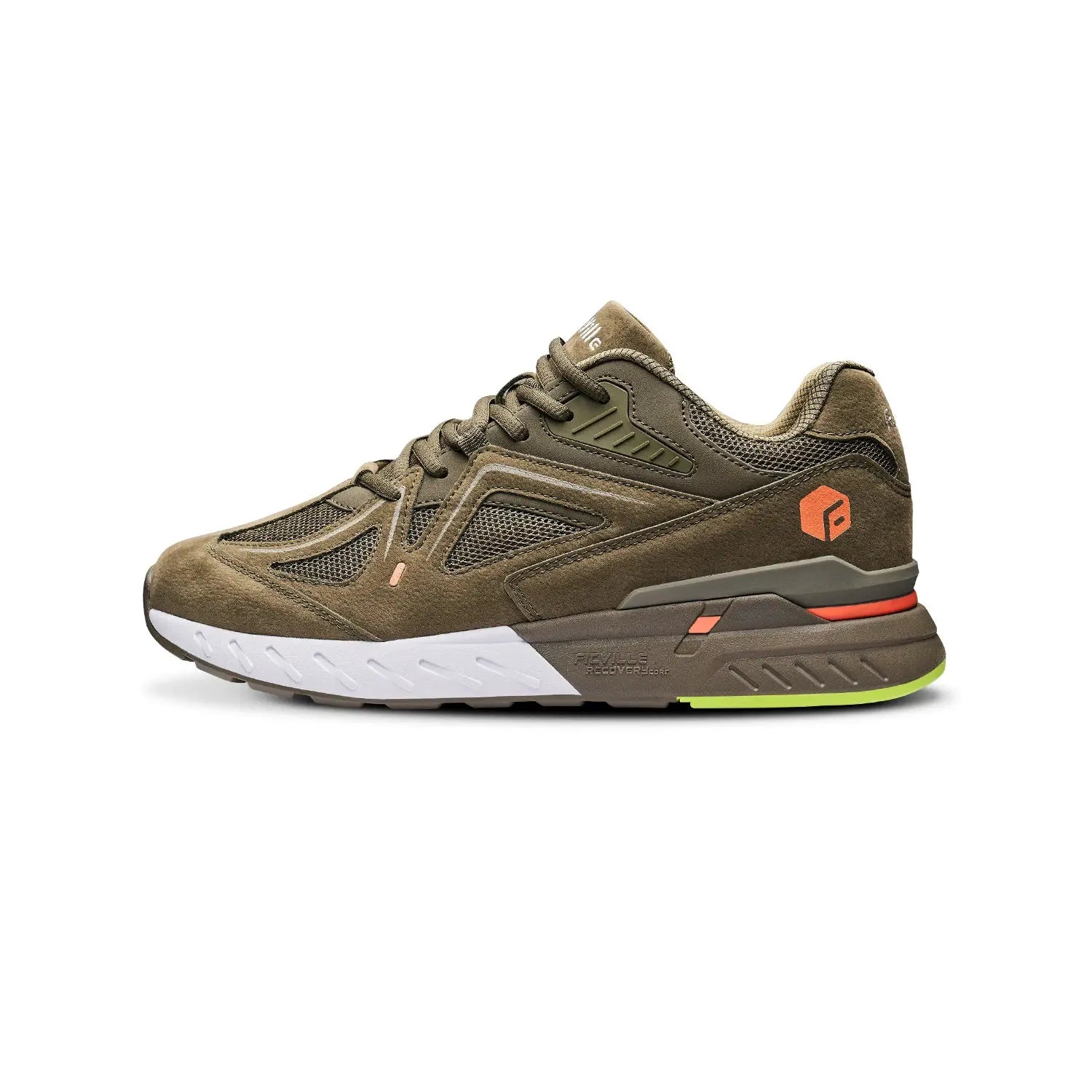 Fittington men's walking shoe by Simples Market, extra-wide olive-brown sneaker with mesh panels and white sole