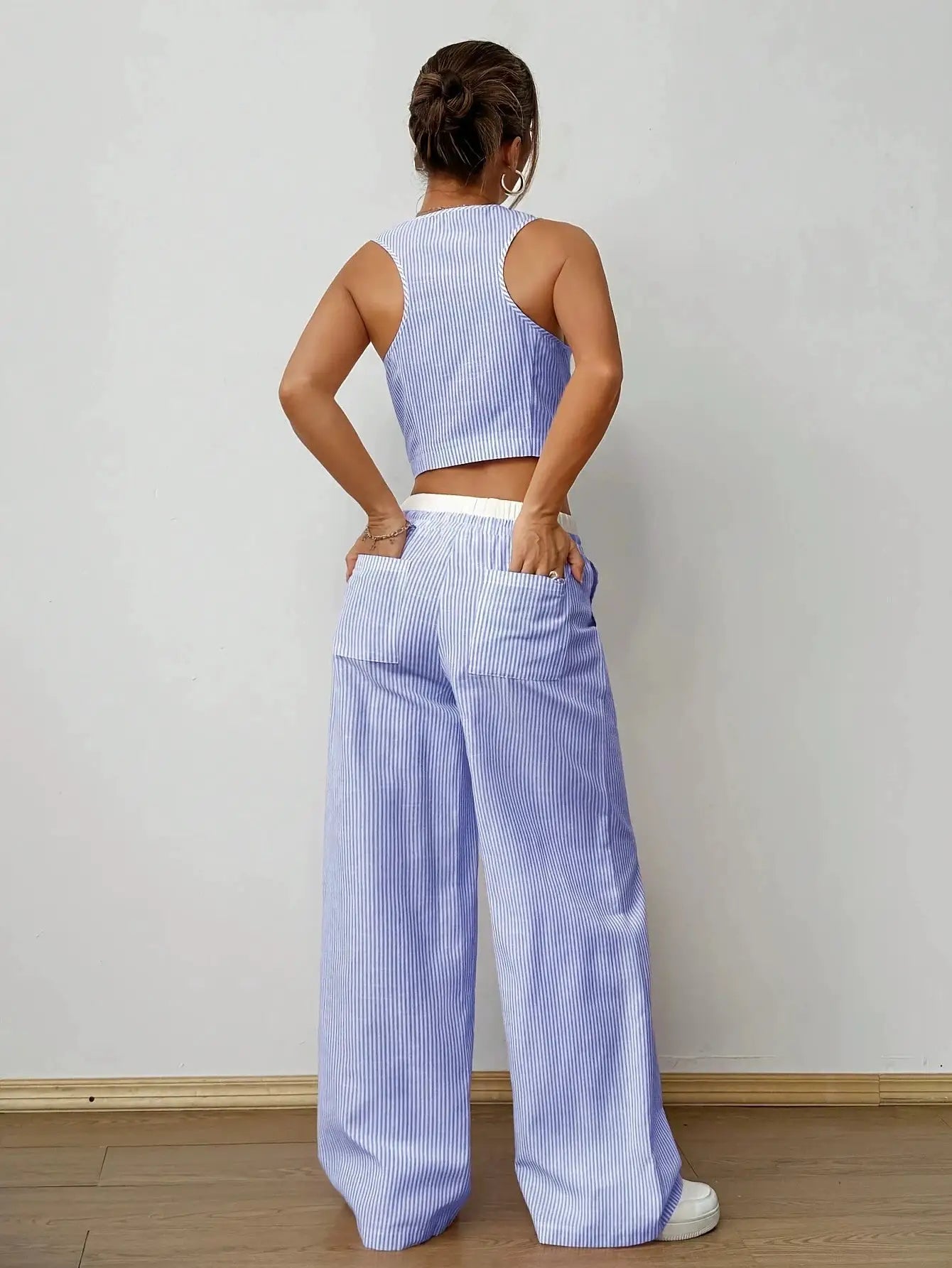 2025 Striped Sleeveless V Neck Vest and Color Wide Leg Pants Set