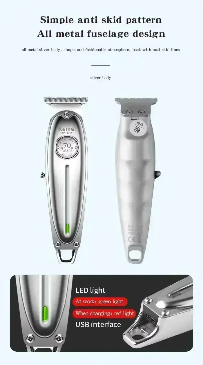 Kemei hair clippers set, metal body trimmers in silver with green LED indicator, includes 2 units