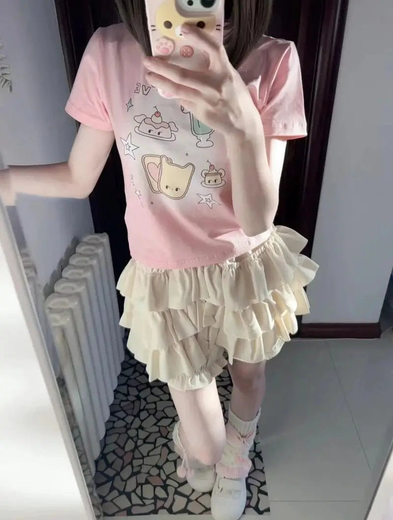 MEXZT Y2K Sweet Ruffles Mini Skirt, cream-white layered ruffles, high-waist A-line Harajuku style