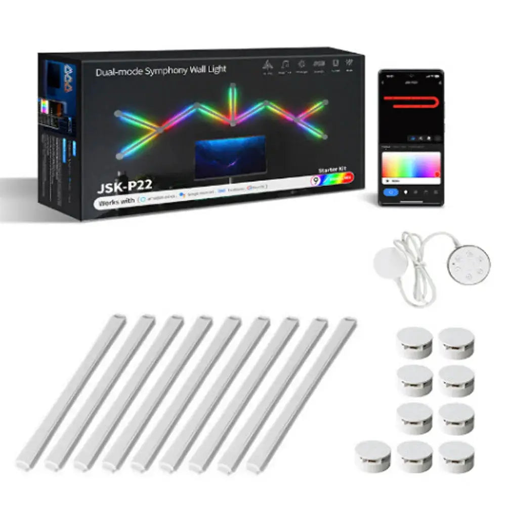 Splicing Light RGB Smart Wall Light kit by Simples Market; nine LED light bars with round connectors for app and voice control