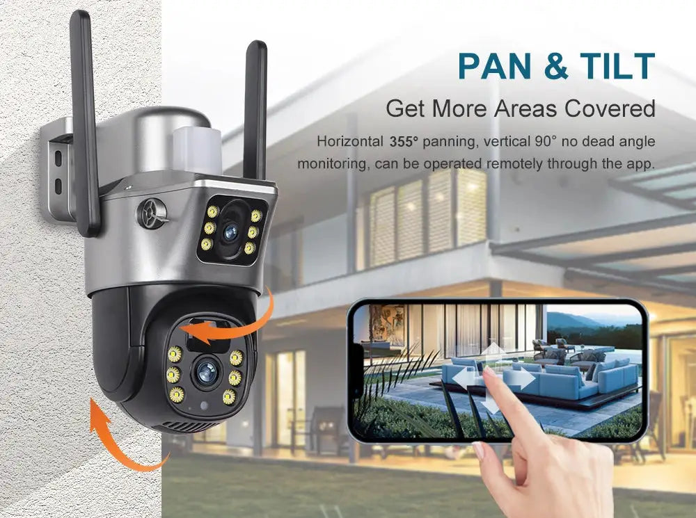 Simples Market solar security camera with dual lenses, outdoor IP camera, 8MP/4K, night vision, wall-mount, smartphone app.