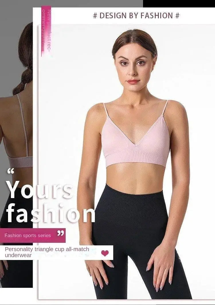 Pink seamless V-neck triangle-cup bra camisole for women, breathable stretch underwear, sizes S, M, L