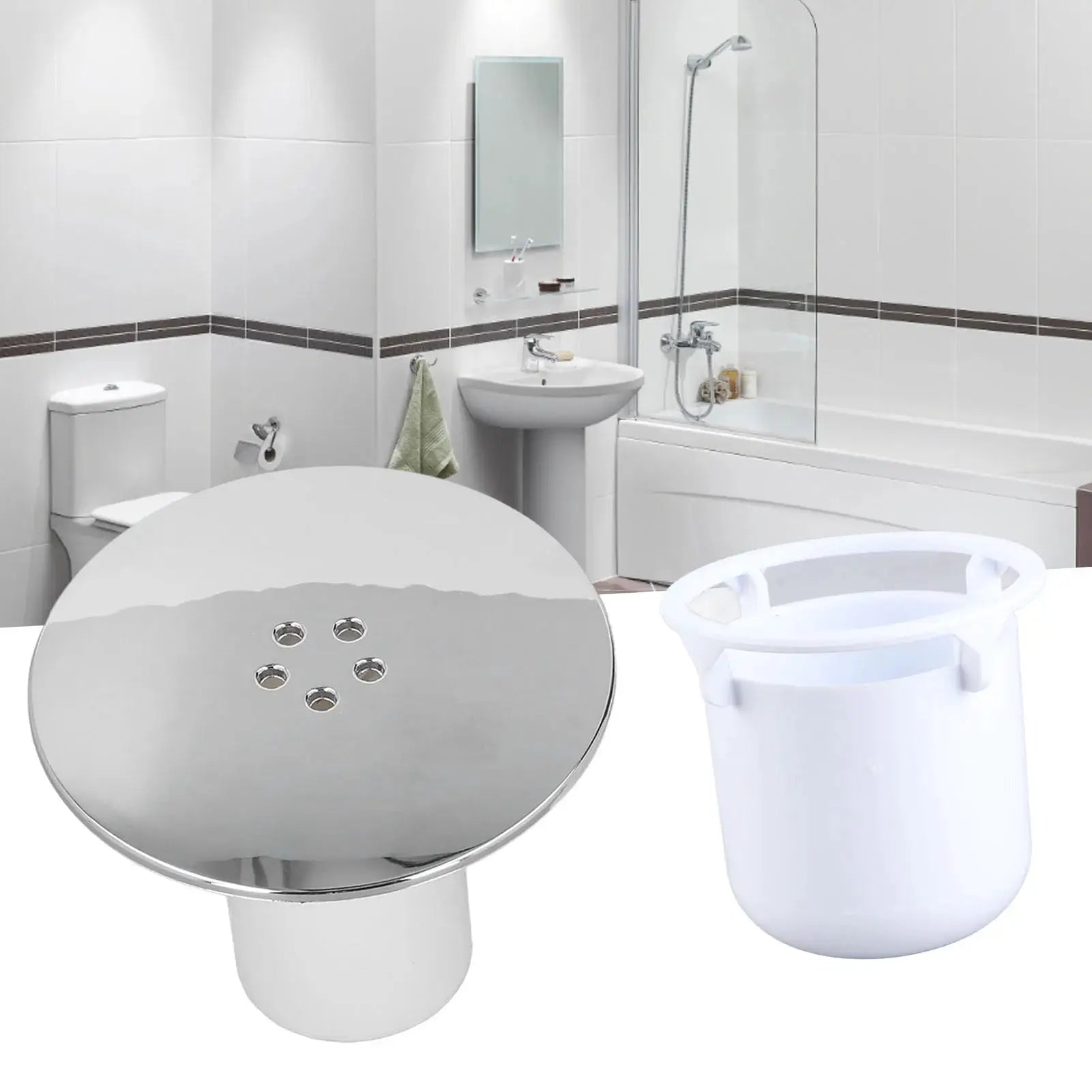 Chrome round shower drain cover for bathroom; metal waste trap plate with fast-flow holes.