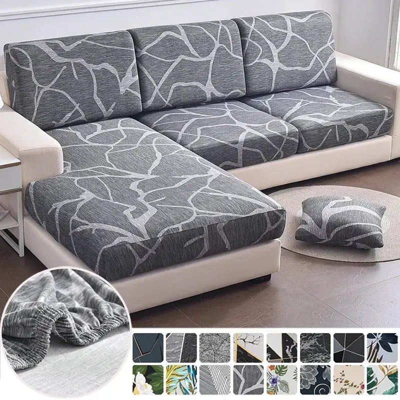 1pc elastic seat cushion cover for sofa; Simples Market, grey with white branch pattern, washable and removable slipcover.