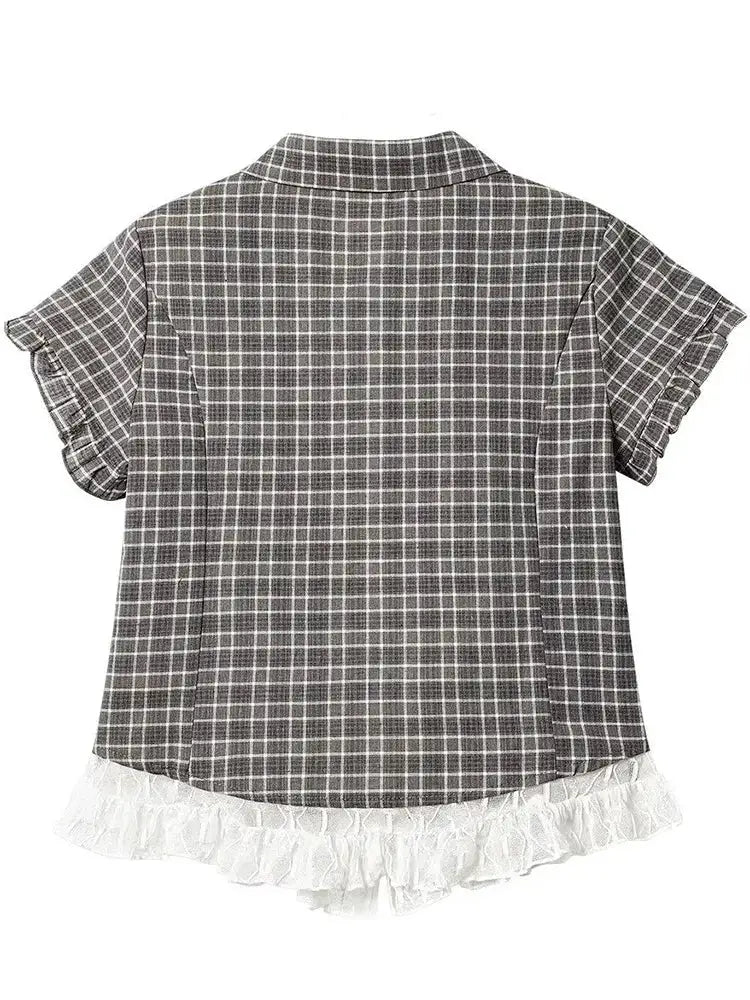 Women’s gray plaid shirt with short sleeves and white lace hem detail.