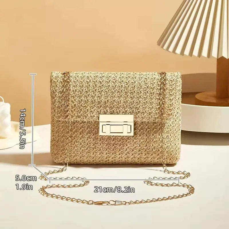 Crossbody Bag for Women, woven straw texture with gold chain strap, natural beige color, 21cm wide.