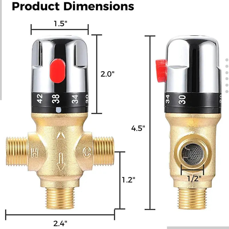 Brass thermostatic mixing valve with chrome body and red adjustment knob, 1/2-in fittings, Simples Market